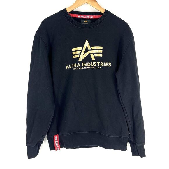 Alpha Industries Crew Neck Sweatshirt Size Medium Mens Black Gold Foil Graphic - Picture 1 of 8